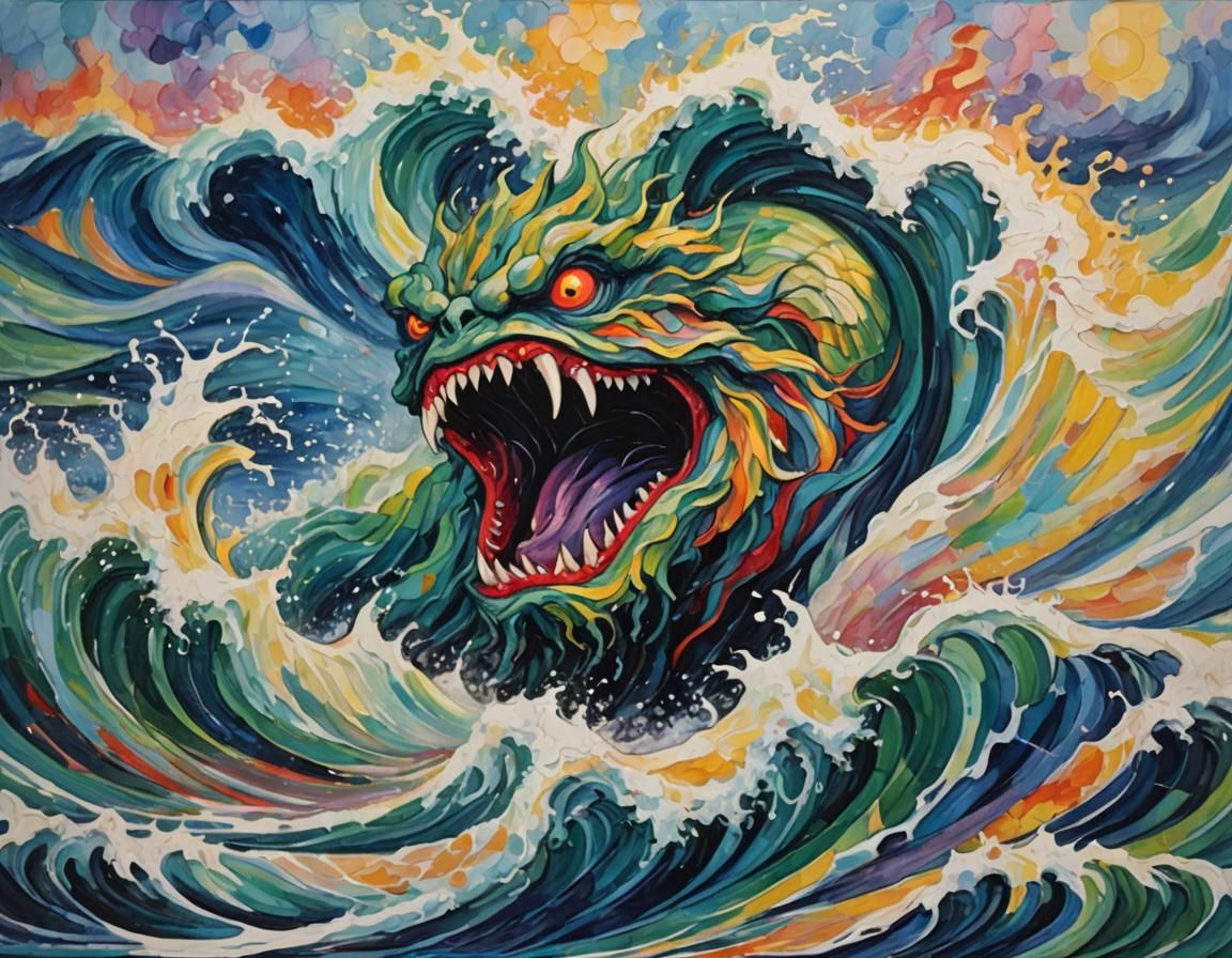 Ocean Wave Monster in Expressionist Oil Painting