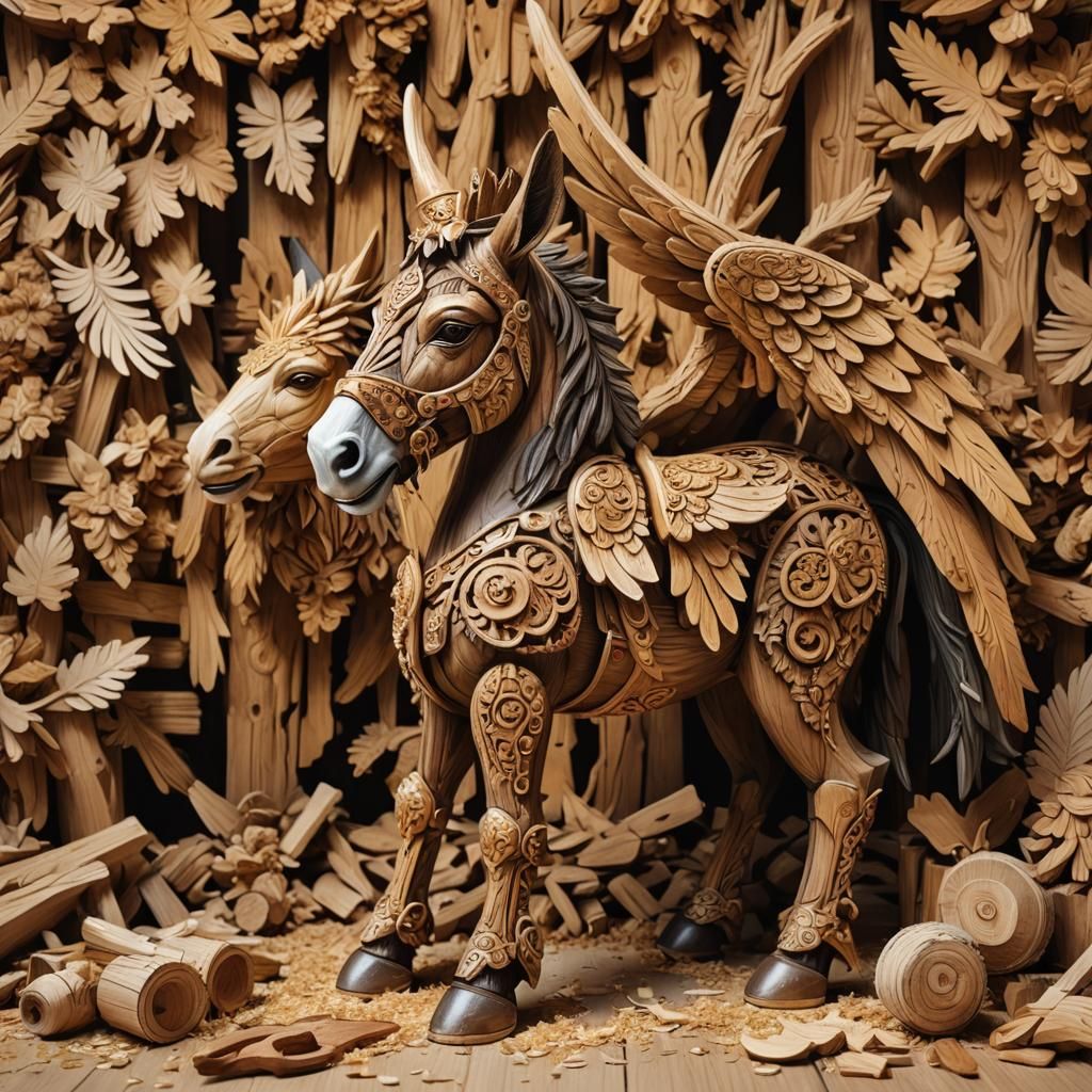 Wooden Donkey with Eagle Wings Fantasy Art