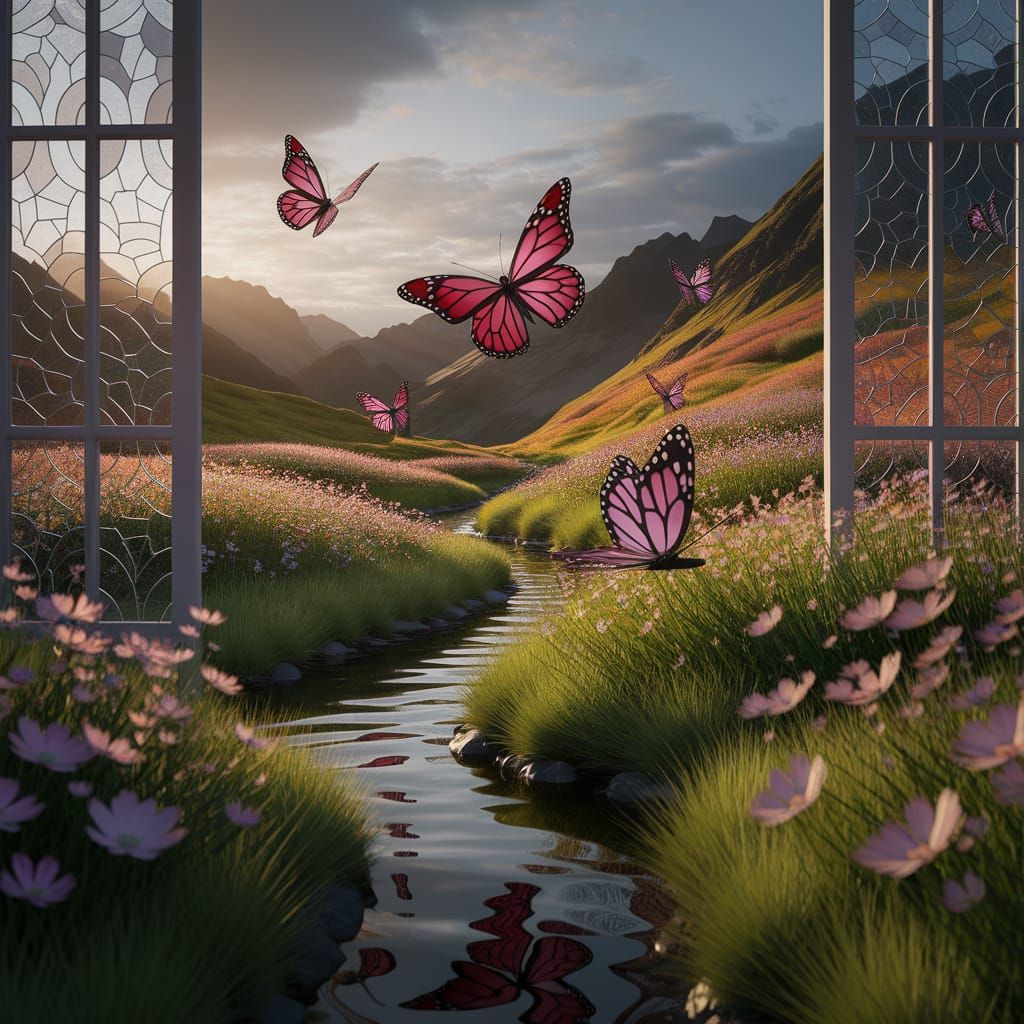 Vibrant Glass Mosaic in a Mountain Field with Fluttering But...