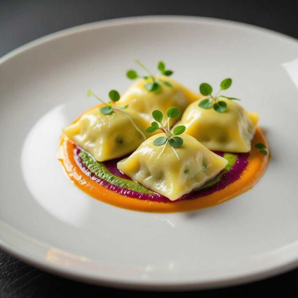 Artistically Plated Ravioli With Vibrant Sauce
