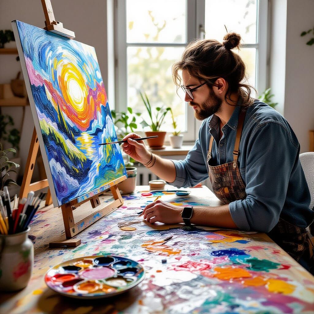 Artist Paints Vividly on Easel in Golden Light