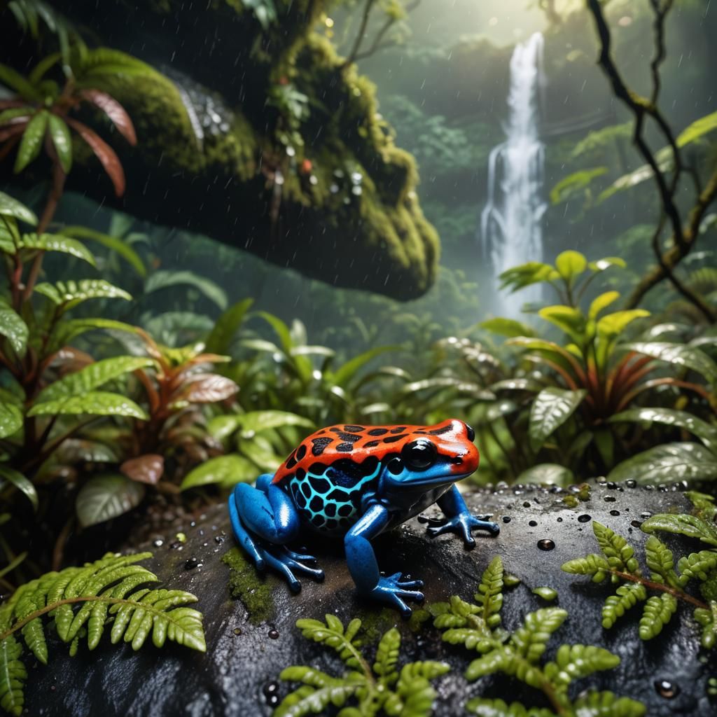 Poison Dart Frog Explorer in Rainforest Macro Shot