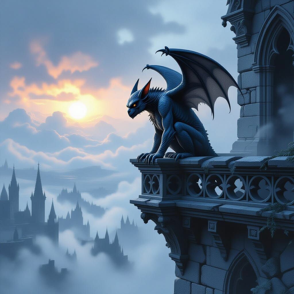 Gothic Gargoyle on Ruined Parapet in Dark Fantasy Style