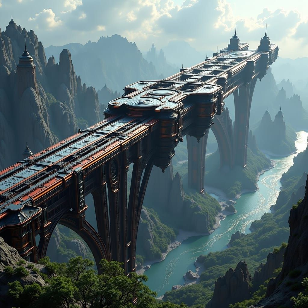 Industrial Steel Bridge Over River in Dark Steel Style