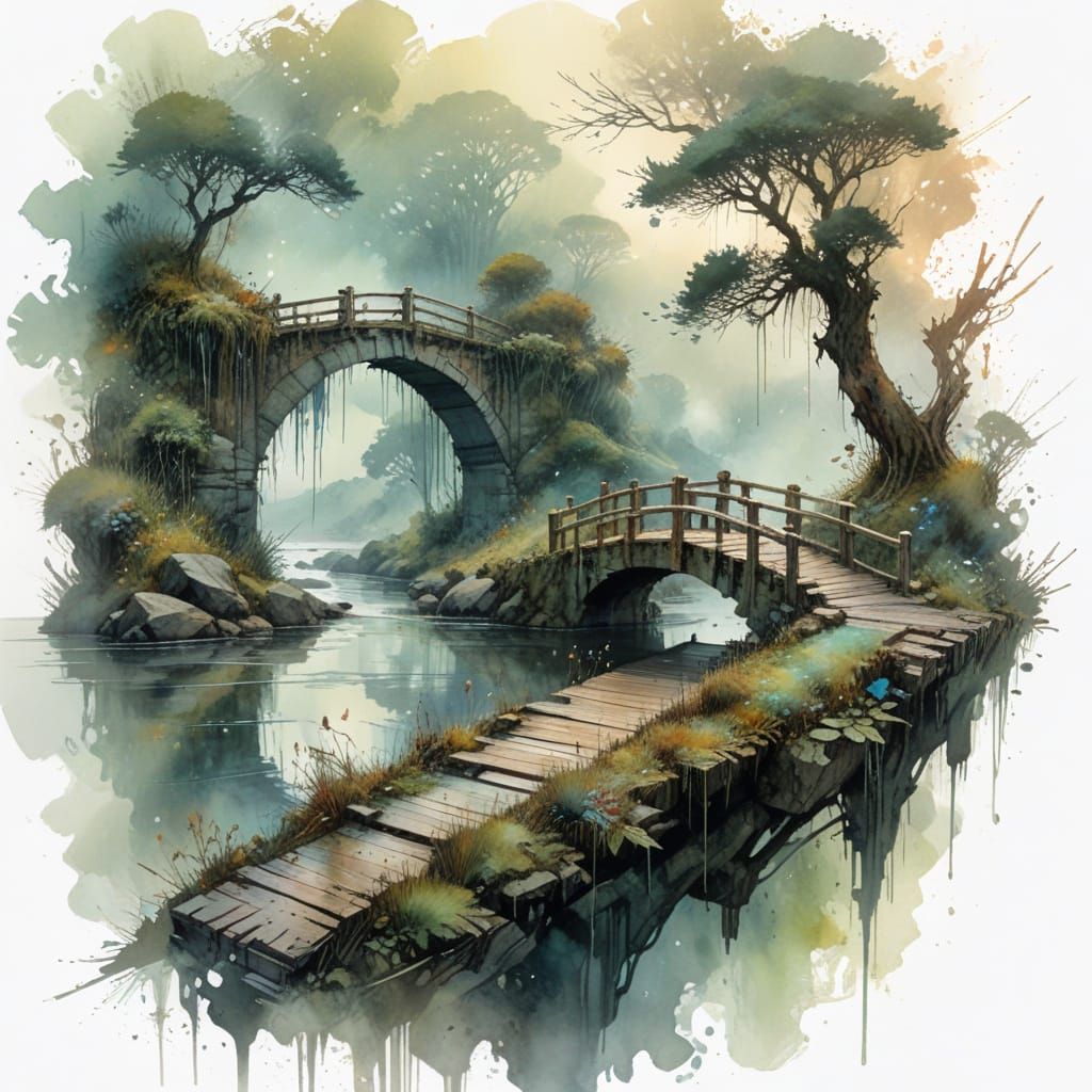 Ethereal Watercolour Bridge Scene at Dawn
