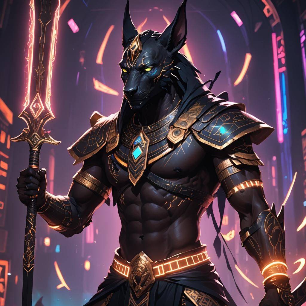 Dark Fantasy Anubis Portrait with Glowing Tattoos