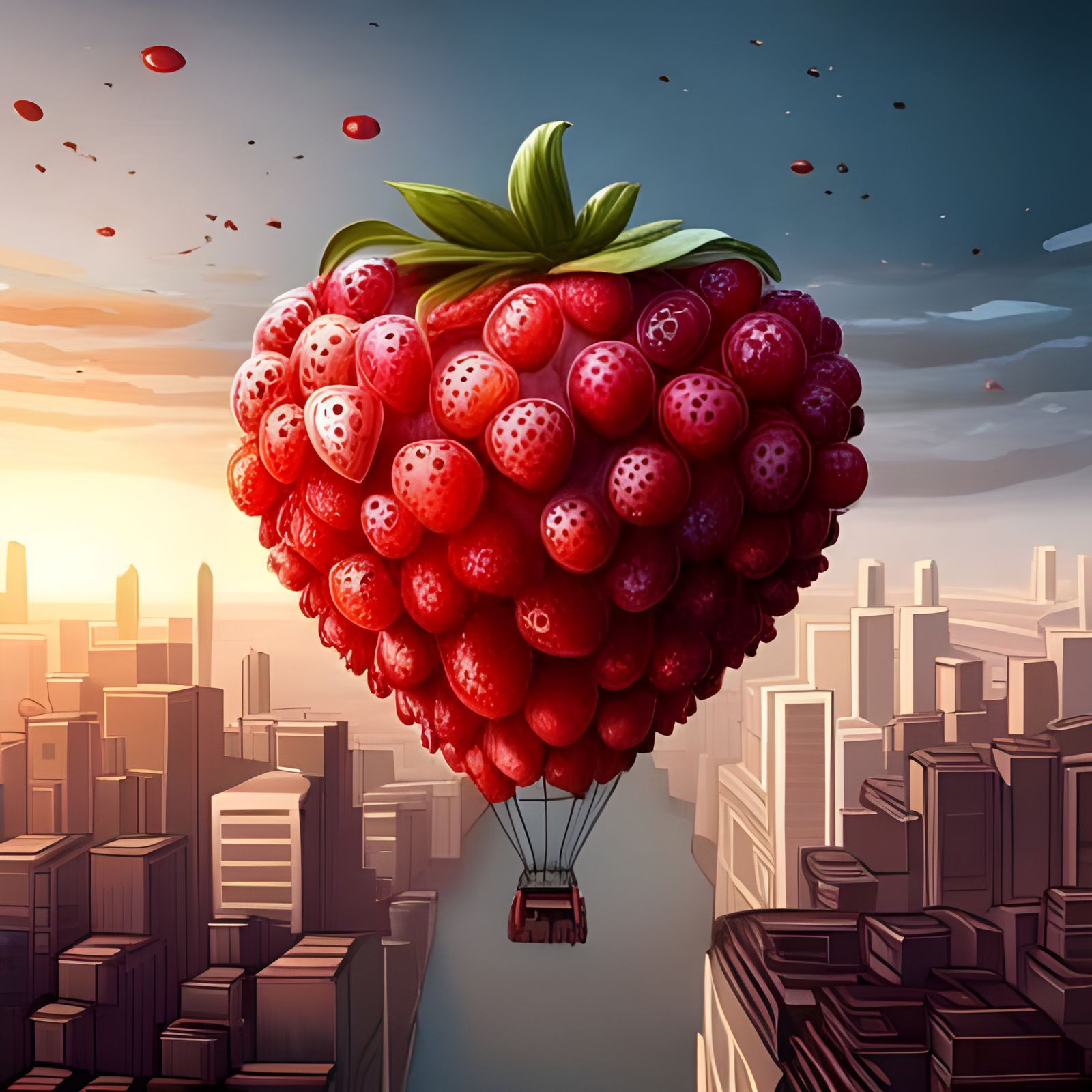 Strawberry Balloon Over City Lake: Cel-Shaded Art