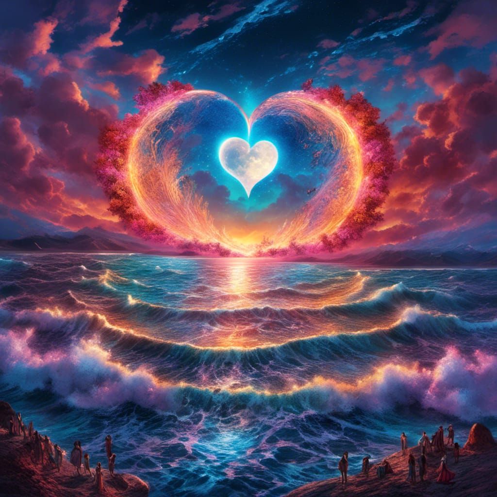 Heart Moon Over Ocean: Holographic Astral Illustration