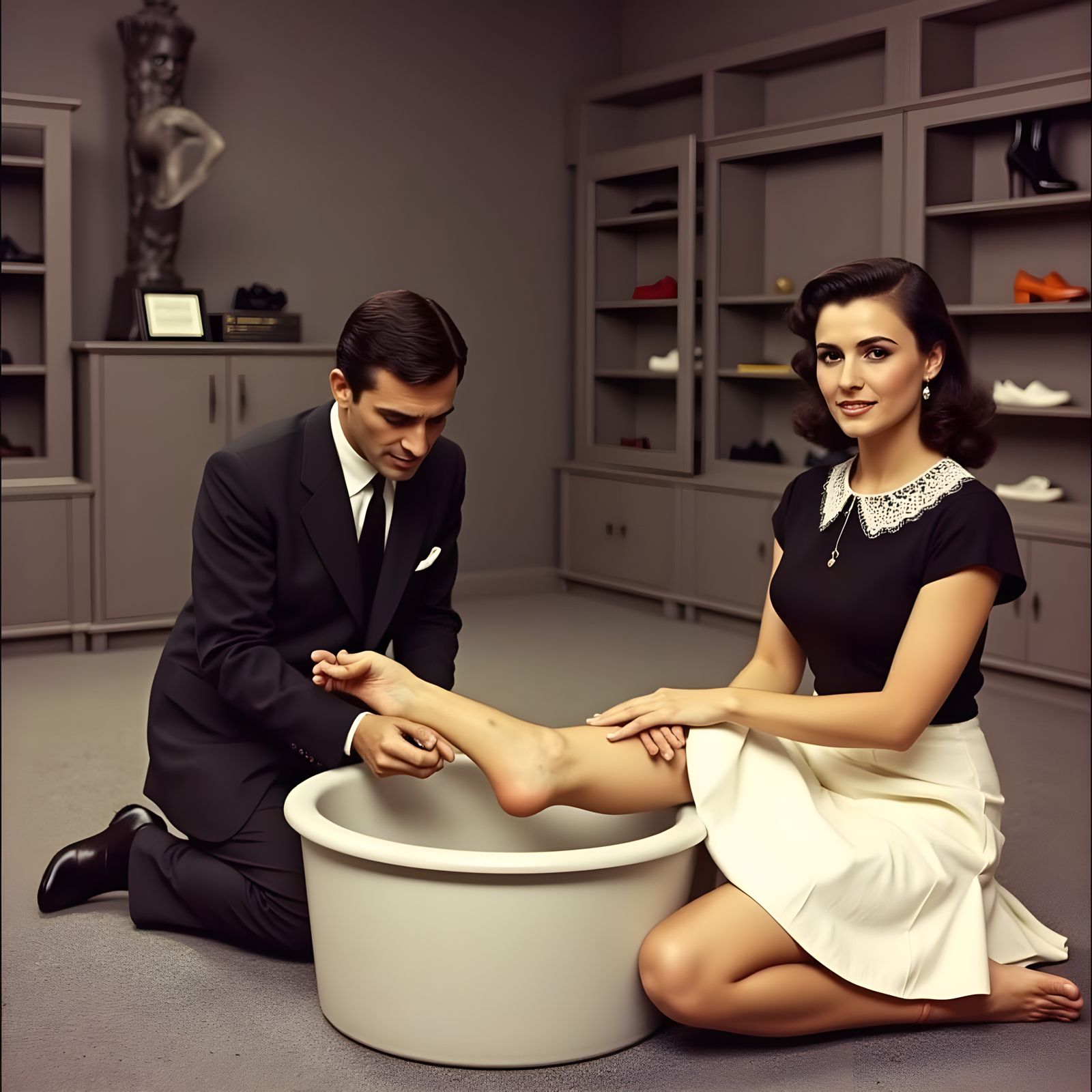 1960s Foot Massage Scene in Black and White