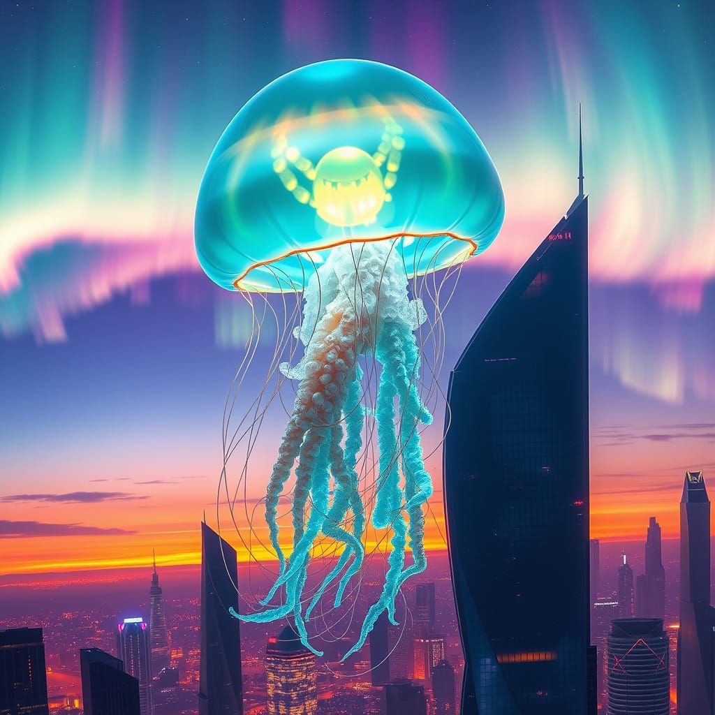 Jellyfish Floats Above a Futuristic City at Sunset