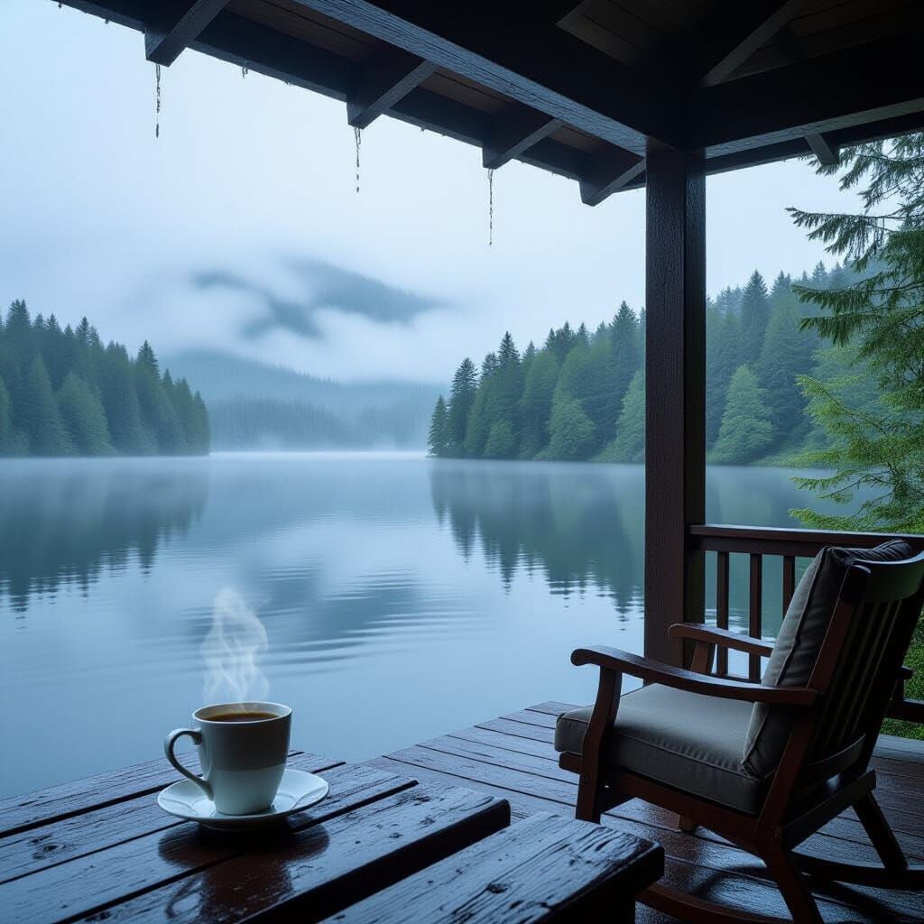 Misty Lakeside Morning View from Rustic Porch