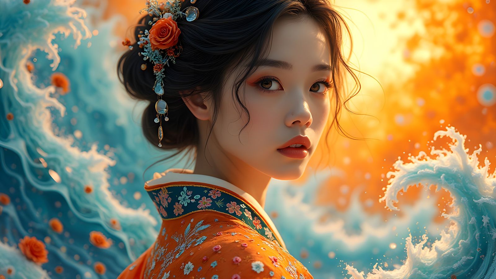 Radiant Model Portrait with Fiery Orange and Cool Blue