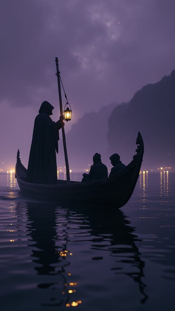 Hooded Ferryman Guides Souls to Otherworldly Realm