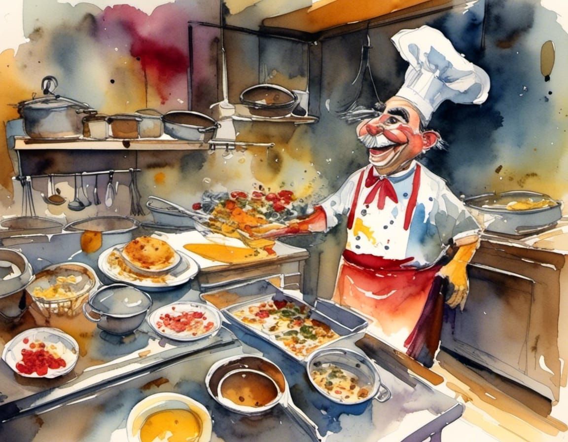 old chef in dirty kitchen, caricature