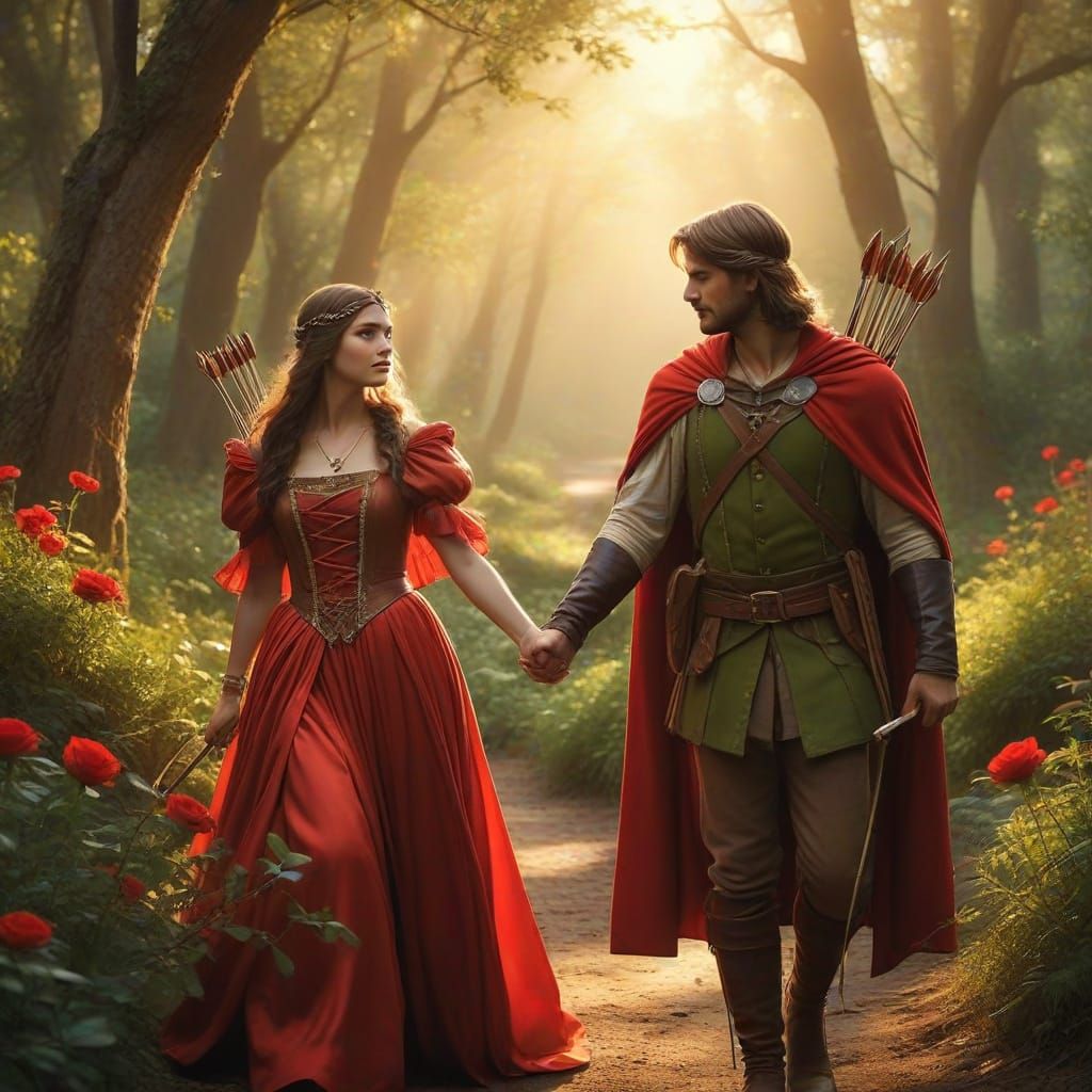 Robin Hood and Maid Marian in Enchanted Forest, Renaissance-...