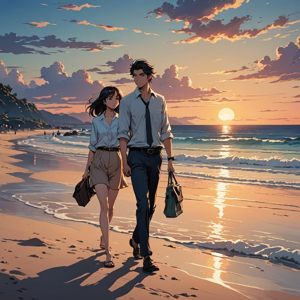 Romantic Sunset Beach Walk: Anime Style