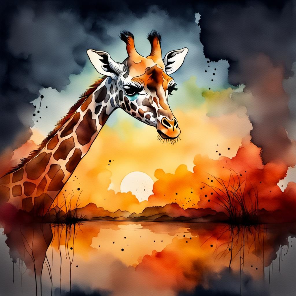 Wild Giraffe Portrait in Watercolour Style