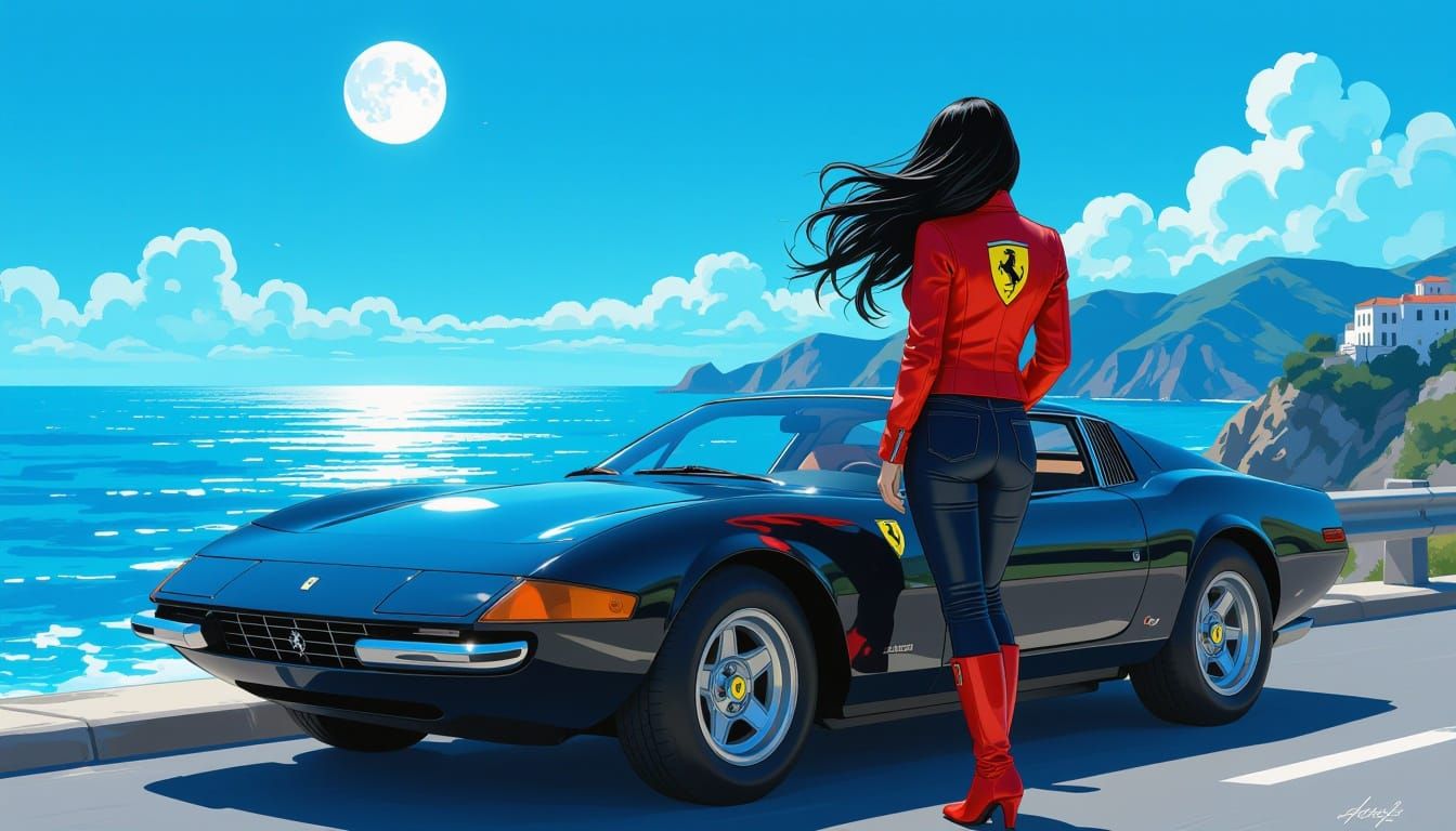 Italian Woman in Red Jacket with Ferrari Emblem and Daytona ...