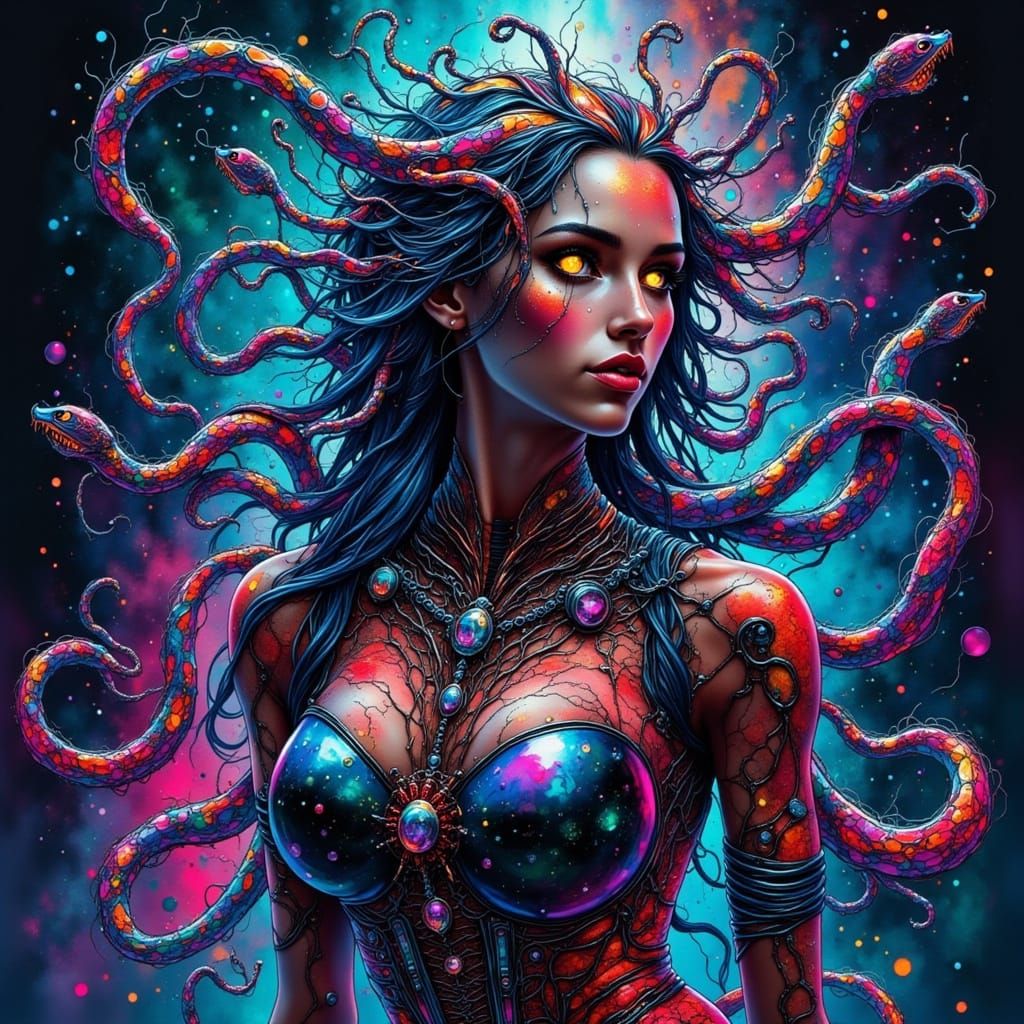 Glowing Data Serpents Dance in Cyberpunk Fusion