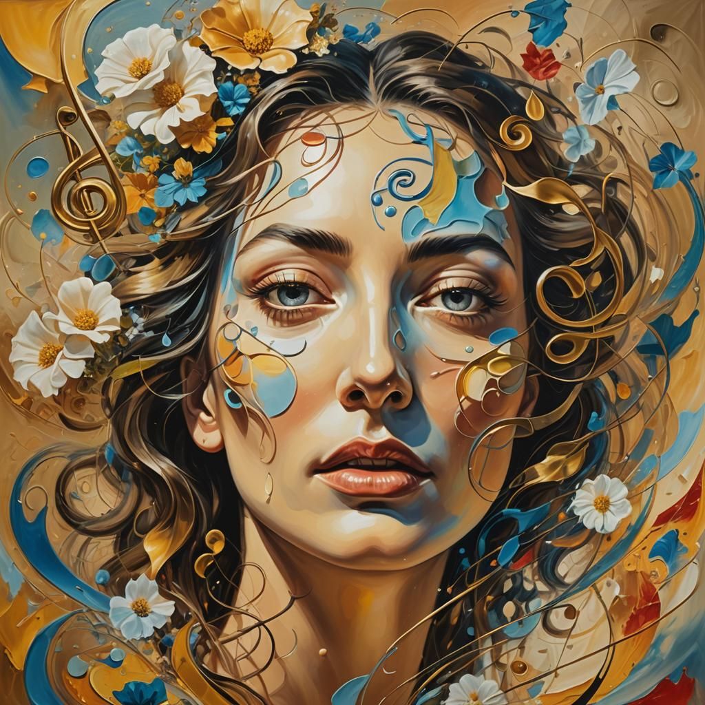 Surrealist Oil Painting: Woman in Musical Dreamscape