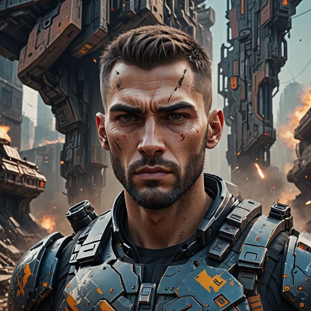 Futuristic European Man with Pistol, Detailed Digital Art