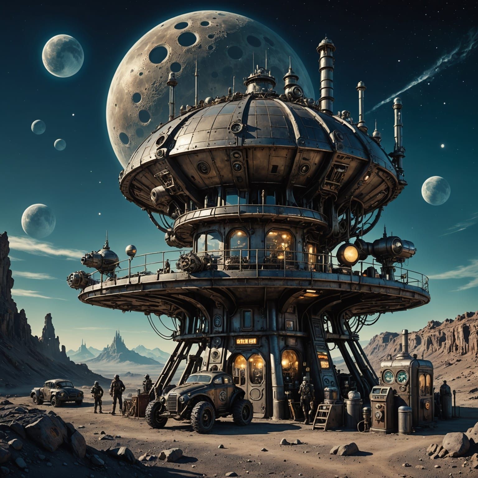 A steampunk-style alien gas station built on a rocky moon.