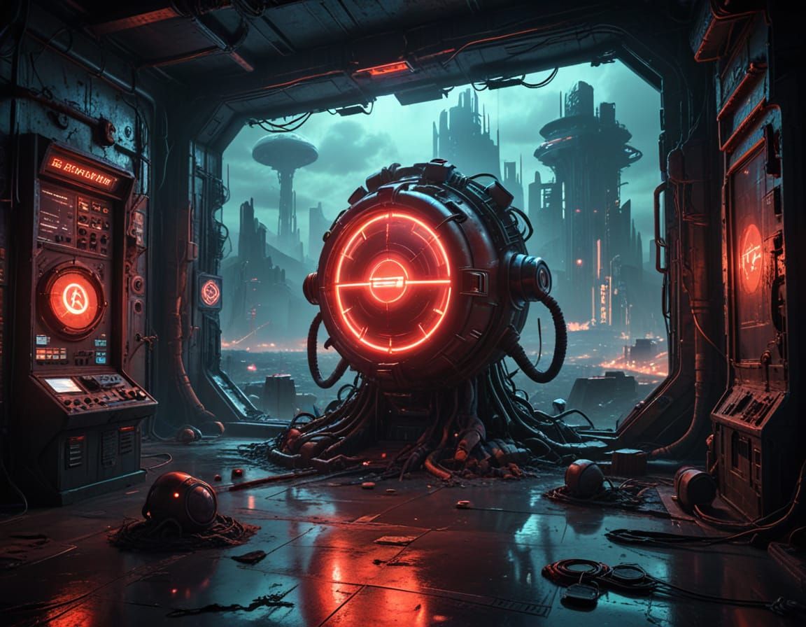 Futuristic Postapocalyptic Control Room with Ominous Red But...