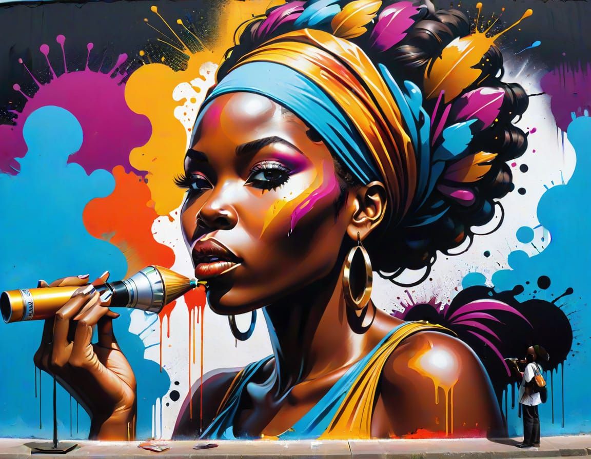 African Woman Creates Graffiti Art on Massive Wall