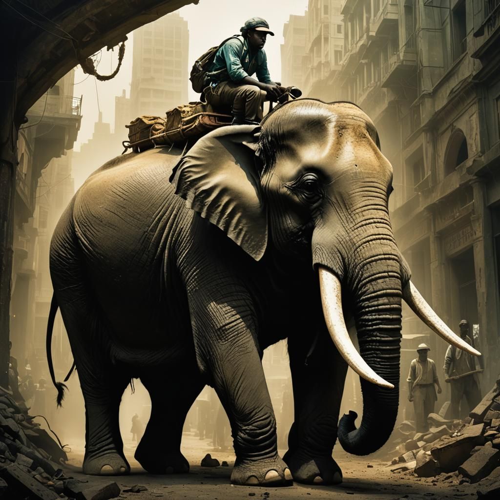 An Elephant walking through a city