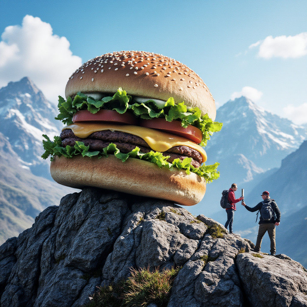 Gigantic Burger on Mountain Peak: Matte Painting