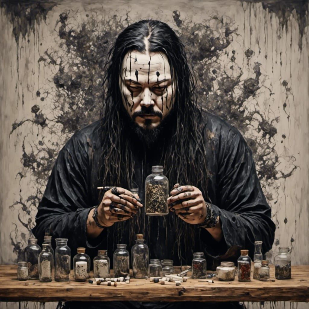 Rockabilly Masked Smoker Surrounded by Pills