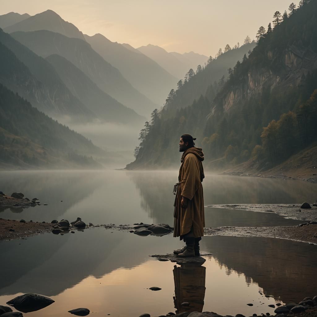 Spiritual Nomad at Mountain Lake in Cinematic Style