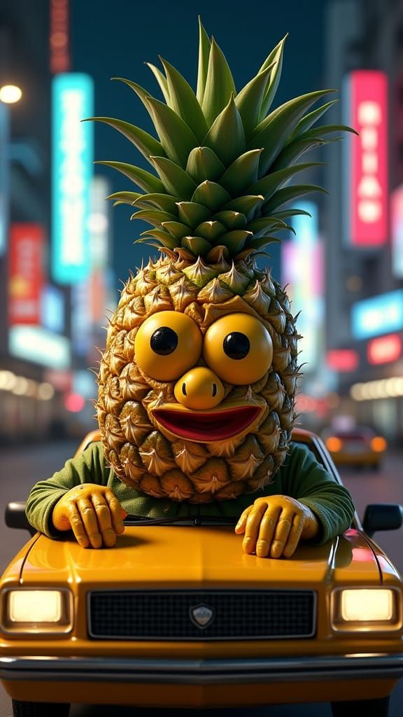 Hyperrealistic Pineapple Taxi Driver in Vivid Cityscape