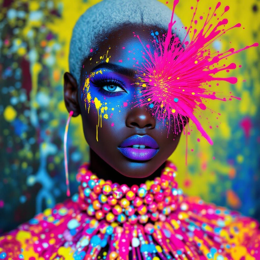 Abstract Portrait: Woman with Neon Paint Splatters