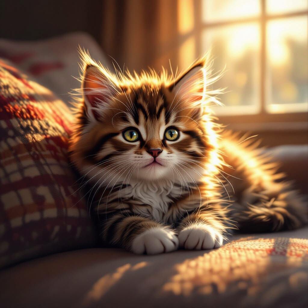 Sunlit Kitten Portrait with Realistic Lighting