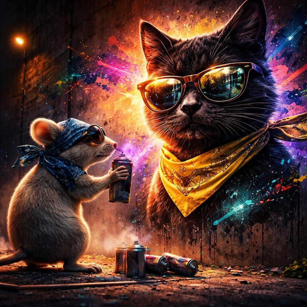Mouse Artist Creates Vibrant Graffiti Cat Mural at Night