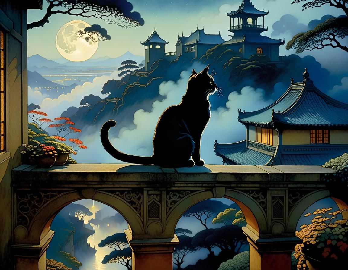 Mysterious Cat on Balcony in Anime Style