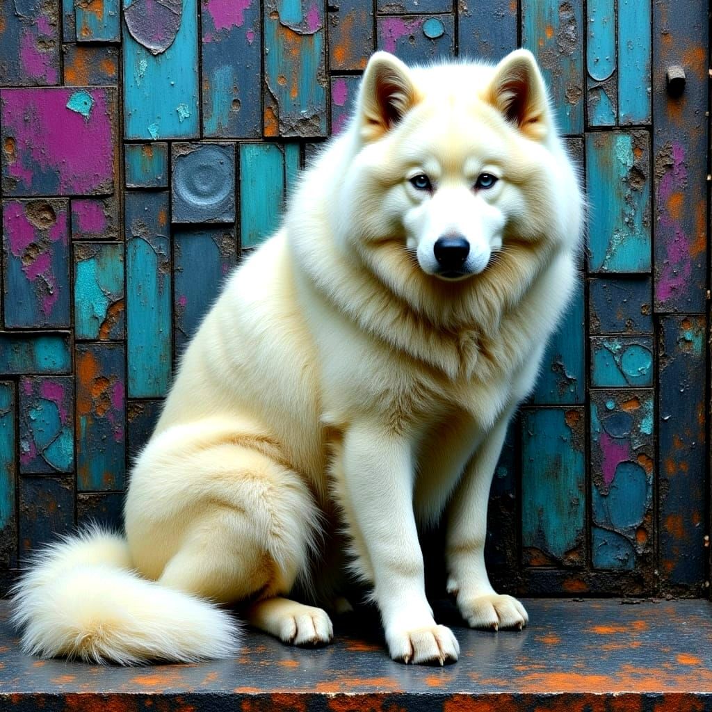 A Majestic White Samoyed in a Vibrant Rustic Landscape