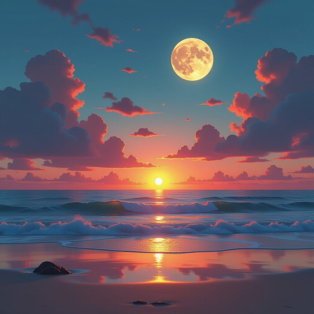 Full Moon & Vibrant Sunset Over Beach at Dusk