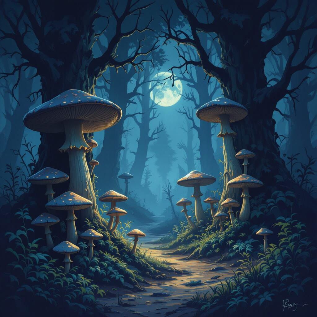 Sinister Toadstools in Dark Fantasy Moonlight