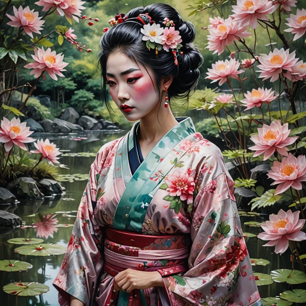 Geisha in Rose Kimono in Japanese Garden