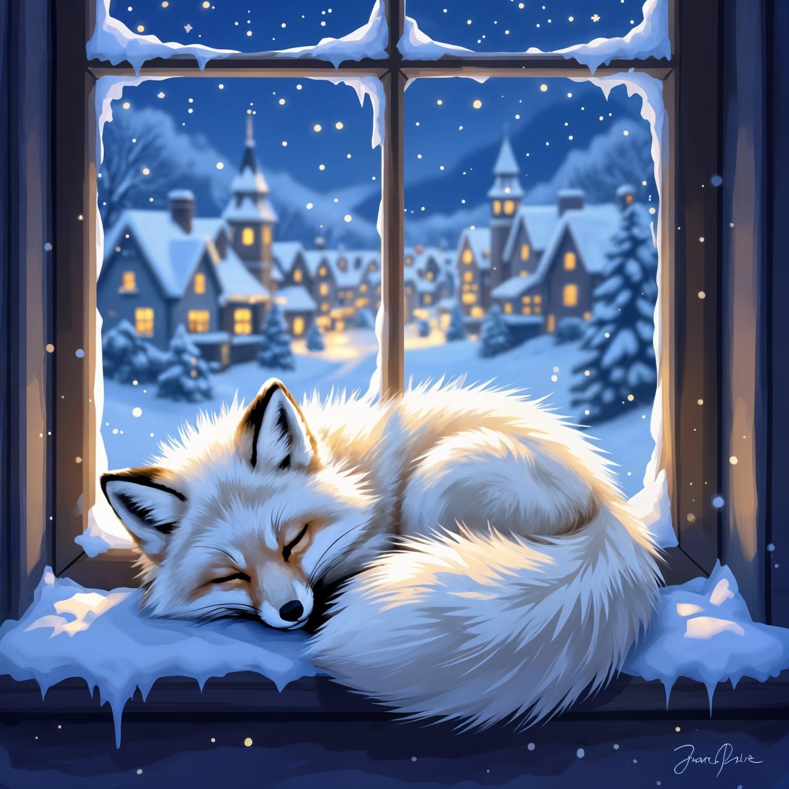 Arctic Fox Sleeps by Twinkling Christmas Town