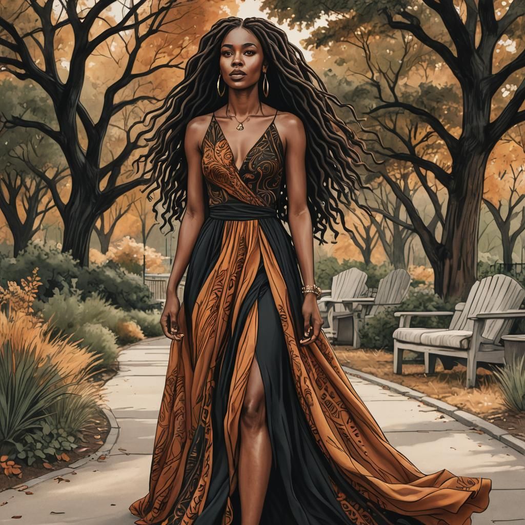 Elegant Dark Woman with Locs in Warm Colors