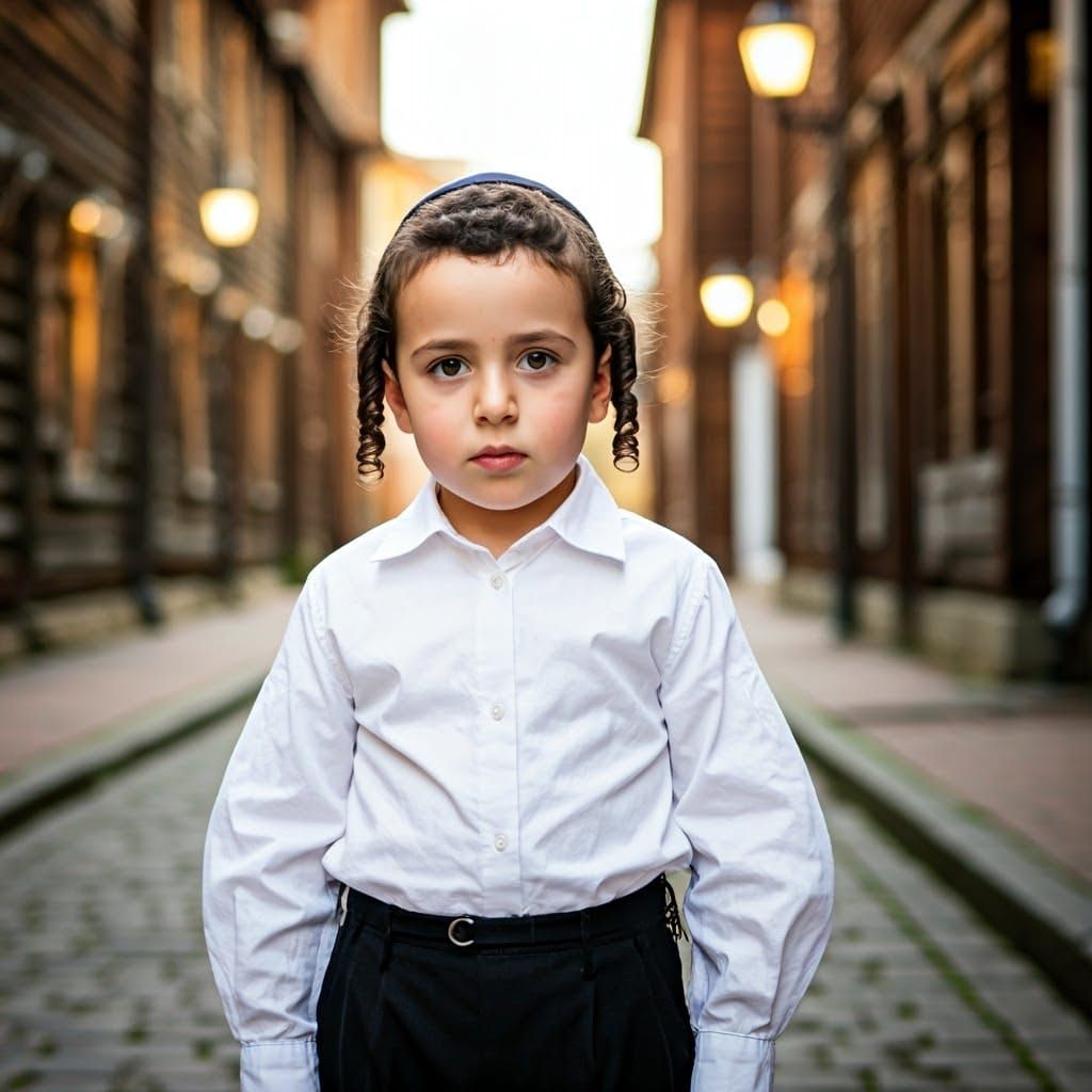 Haredi Boy in Traditional Attire in a Vintage Russian Town