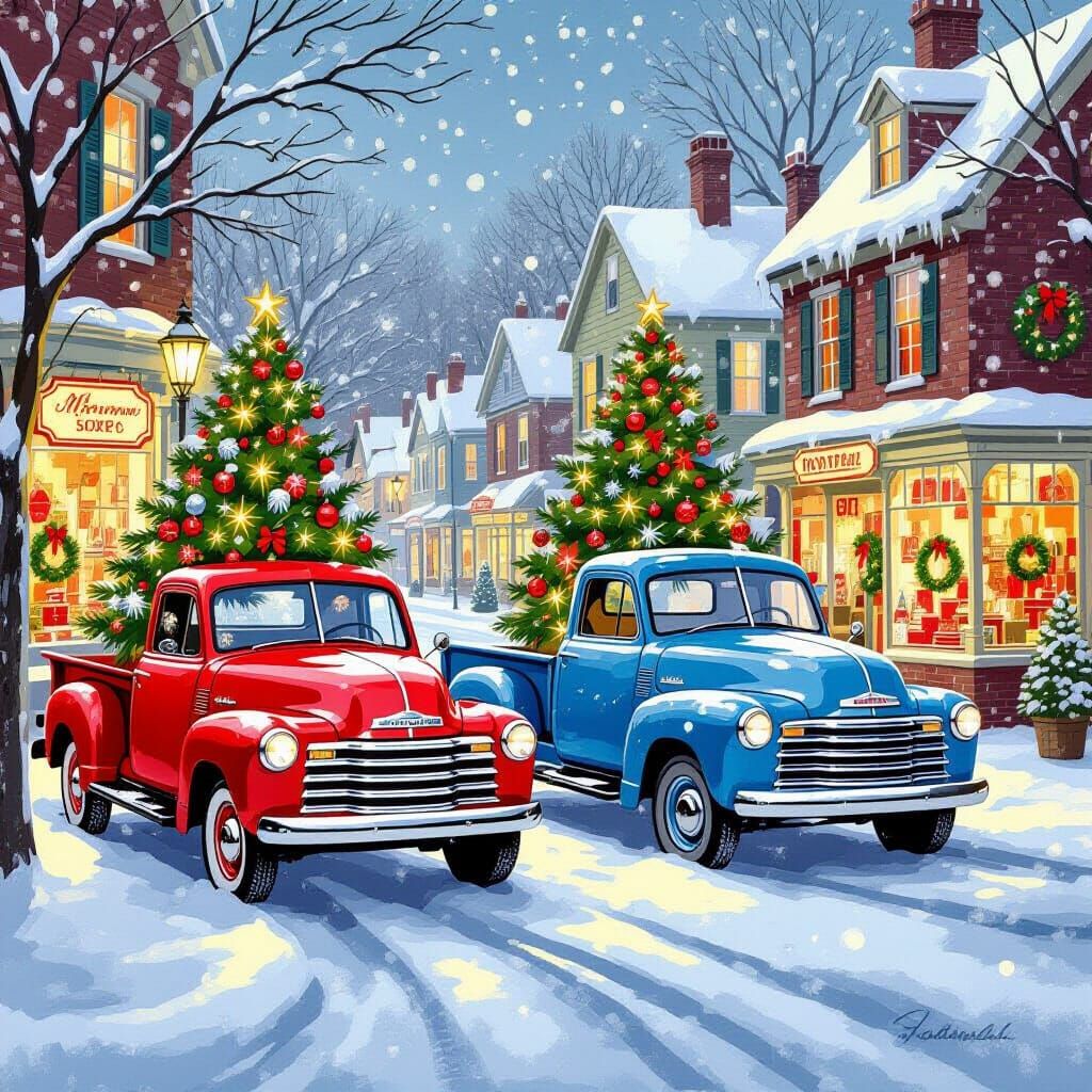 Vintage Christmas Trucks on Snowy Street