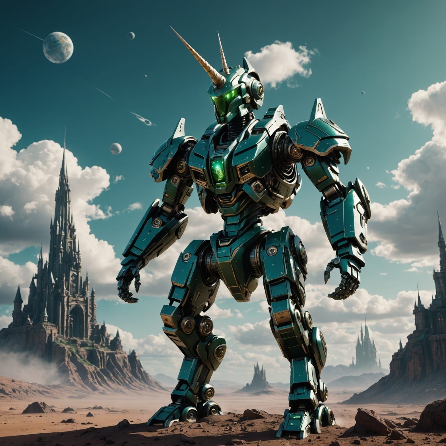 Robot Unicorn on Alien Planet in Cyberpunk Style