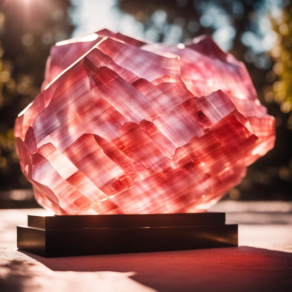 Rhodochrosite Crystal Sculpture in Sunlight: Polaroid Photo