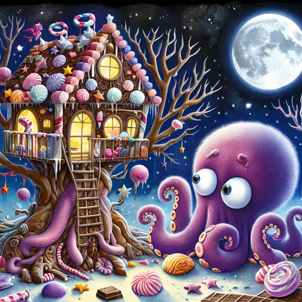 Creating a flufftacular image of a purple octopus in a Seuss...
