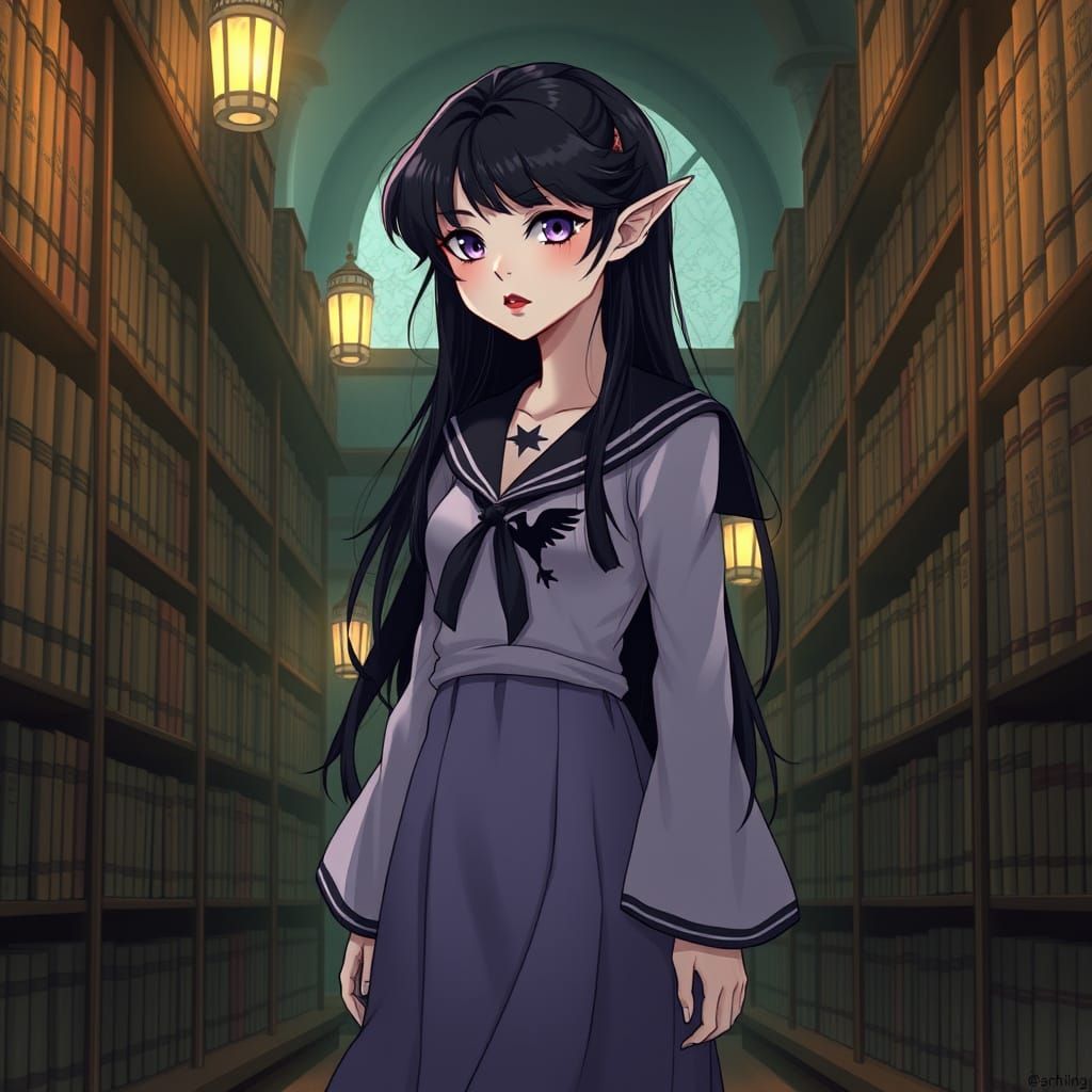 Elegant Elf Maiden in Mystic Library Setting, Inspired by Ja...