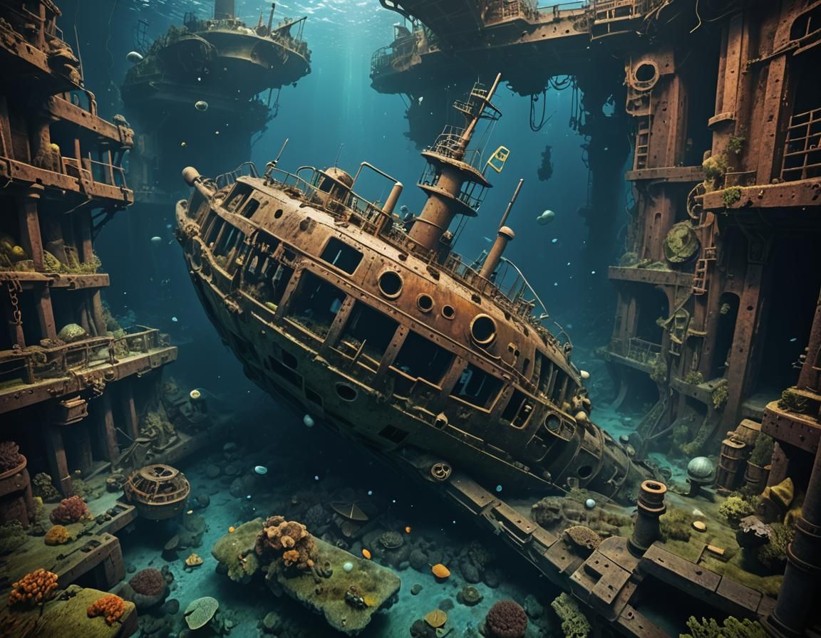 Submarine View of Sunken Shipwreck in Deep Water